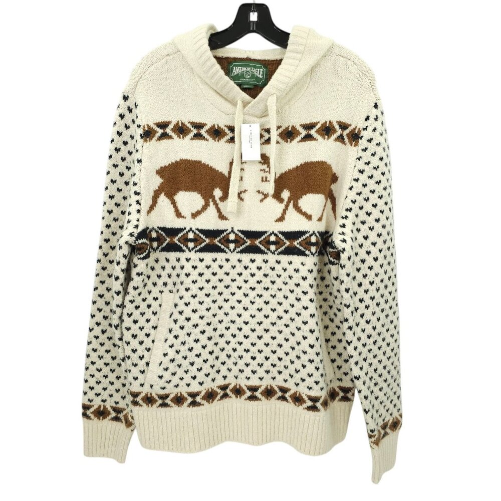 American Eagle Sweater Hooded Pullover Elk Deer Moose Mens Size M Cream NWT Soft